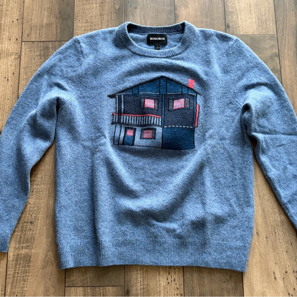 Bonobos Blue Sweater with House Graphic